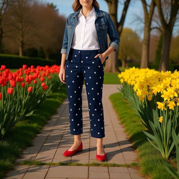 Talbots Heritage Navy Cropped Pants Women’s SZ 8 White Star Print Classic Chino - Picture 7 of 7